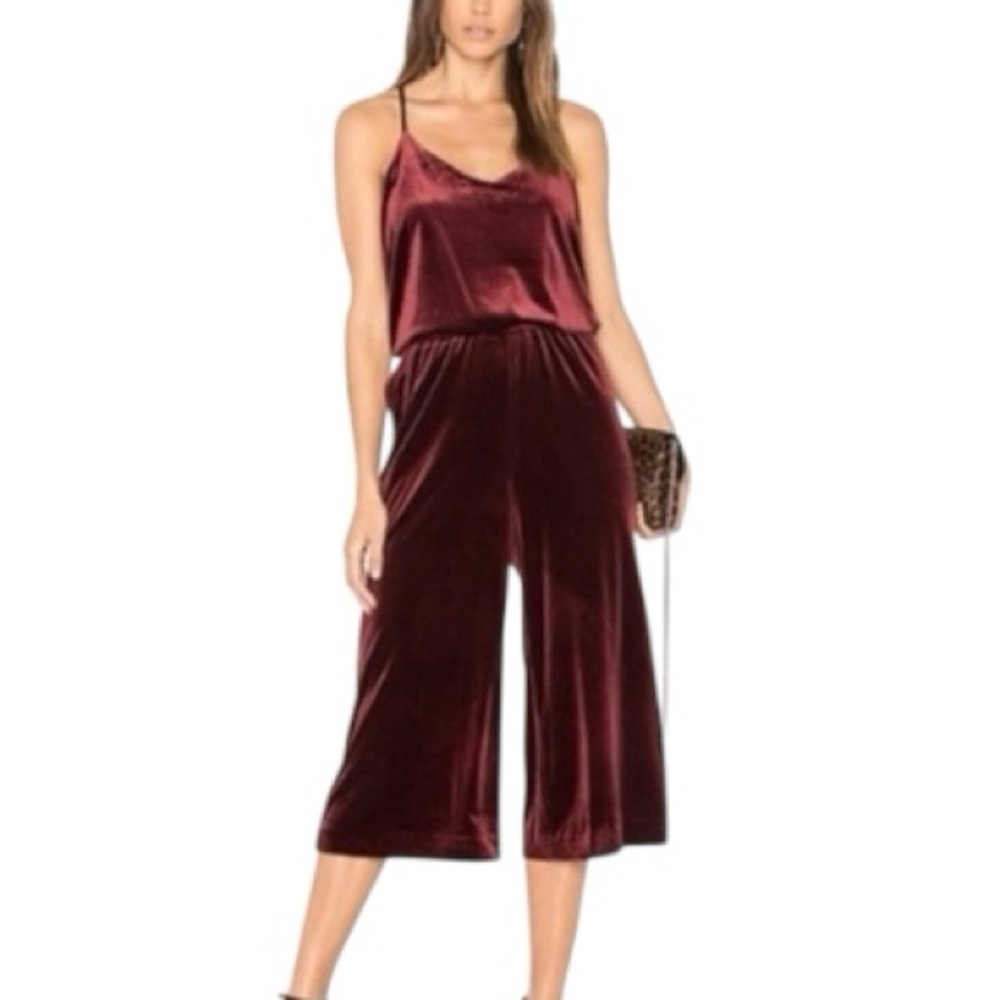 1.STATE Burgundy Velvet Cropped Wide-Leg Jumpsuit